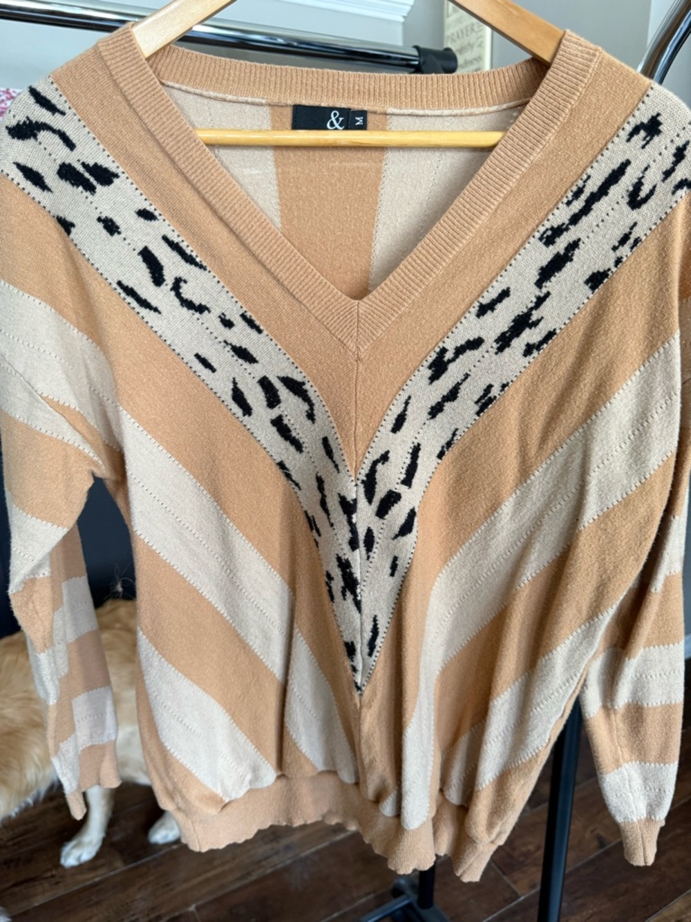 AMPERSAND AVE Camel, Cream & Black V-Neck Striped Sweater with Animal Accent